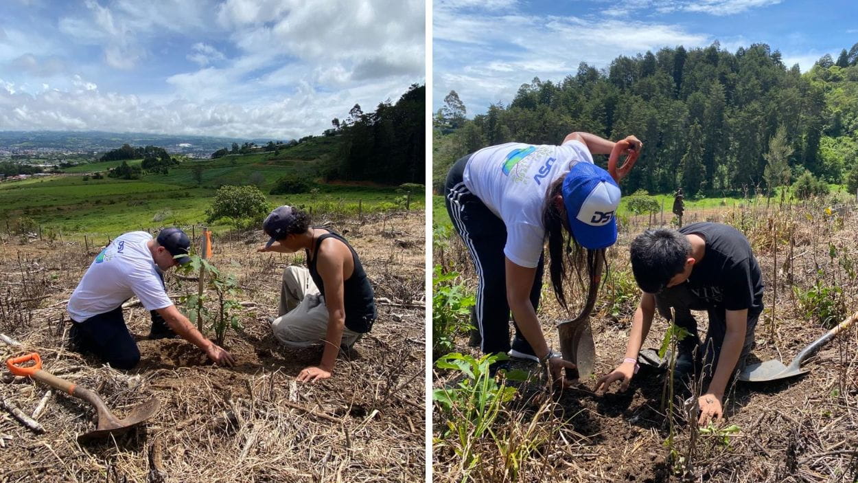 Personal de DSV Costa Rica con jóvenes de la Ciudad de Niños plantando árboles en proyecto de sostenibilidad.